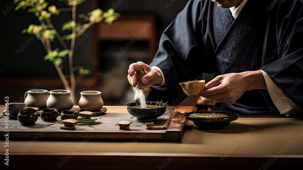 Poster a man sitting at a table with a plate of food in front of him and bowls of food in front of him on a
