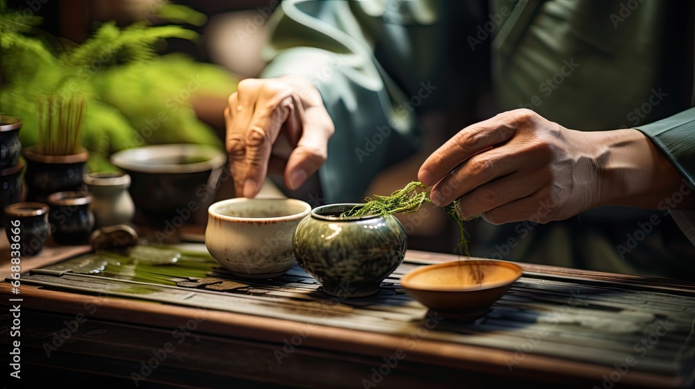Aufkleber a person sitting at a table with a bowl and a plant in the middle of the table and a bowl on the tab