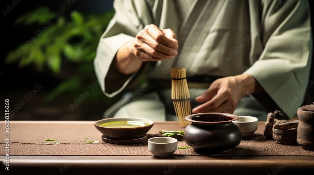 Poster a person sitting at a table with bowls and chopsticks in front of them and a bamboo stick sticking o
