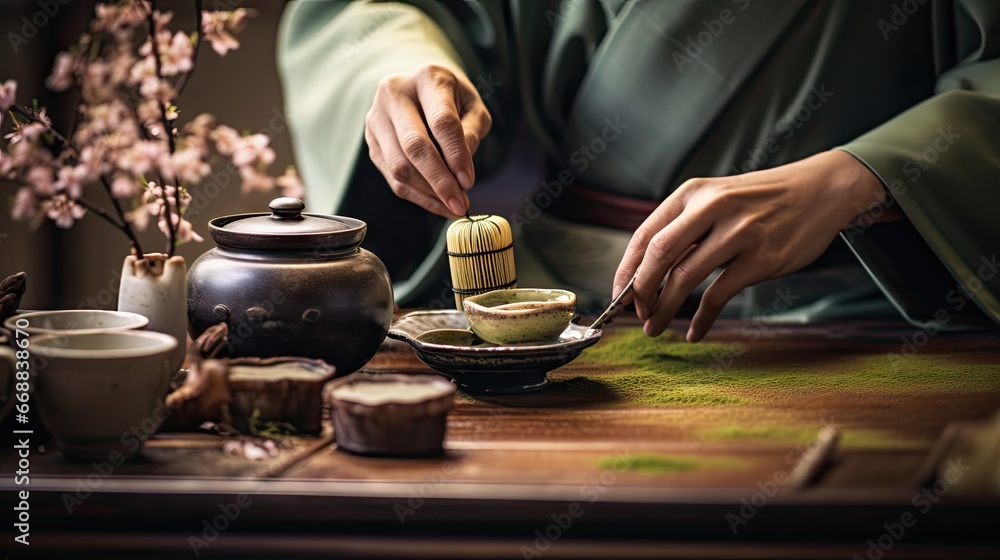 Aufkleber a person sitting at a table with a bowl of food and a teapot with a green substance in it and a teap