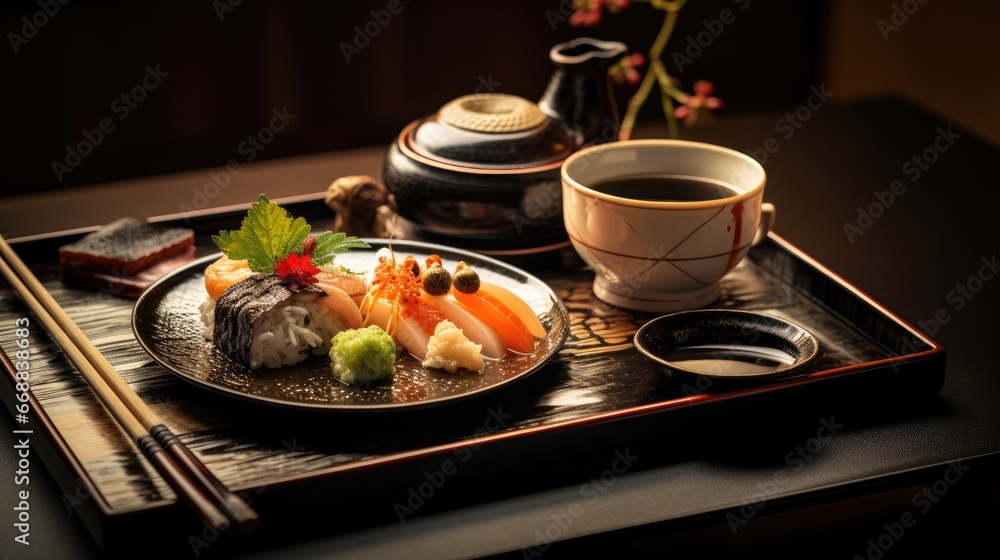 Poster a plate of sushi with chopsticks and a cup of coffee on a tray with chopsticks and a teapot on a tab