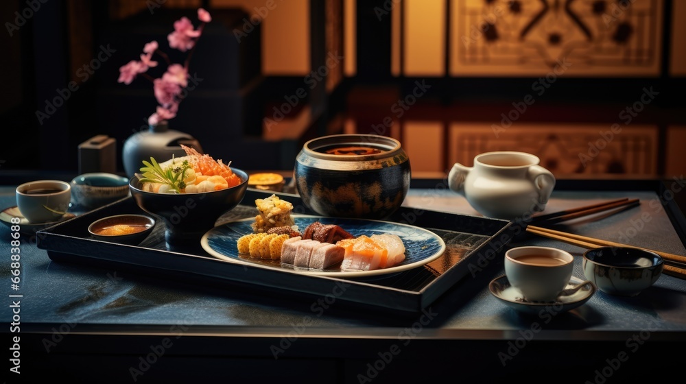 Poster a table topped with a plate of sushi and a bowl of soup next to a cup of tea and a vase with a flowe