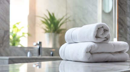 Fototapeta na wymiar Stack of clean towelsle countertop in bathroom, closeup