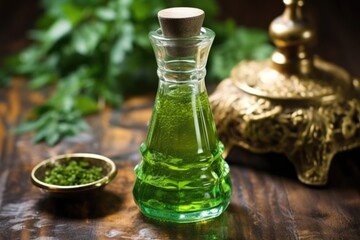 close-up of green absinthe in a glass jar