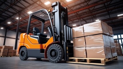 Forklift loader with cardboard boxes in warehouse. 3d rendering