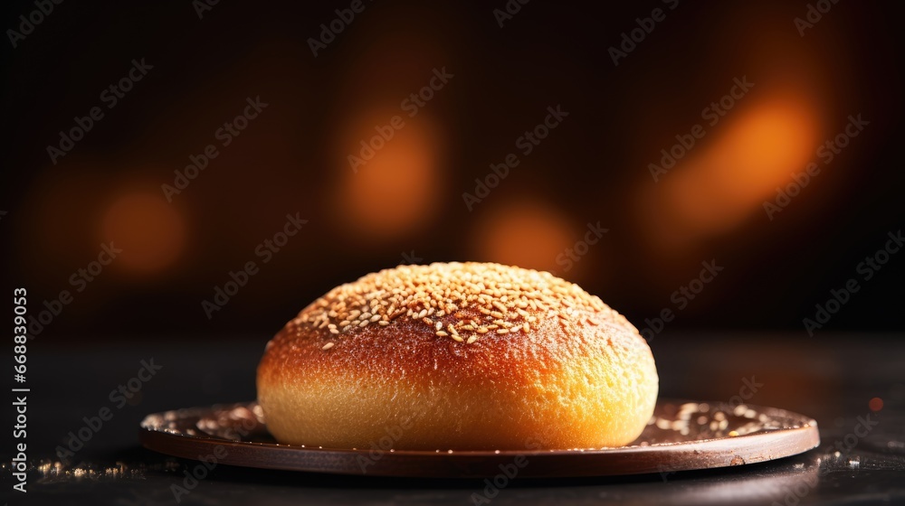 Poster a close up of a doughnut on a plate on a table with a blurry background and a light in the backround