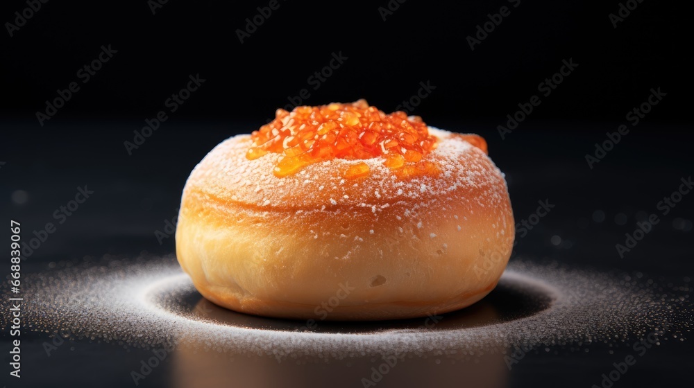 Poster a close up of a doughnut with powdered sugar and orange toppings on a black surface with a reflectio
