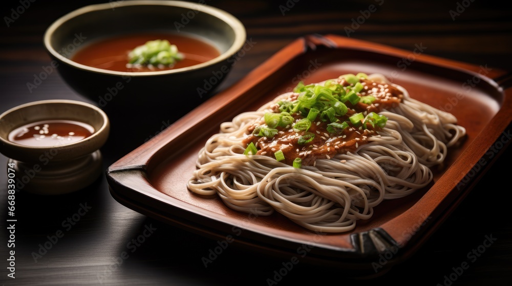 Poster a close up of a plate of food on a table with a bowl of soup and a plate of food on a table with a b