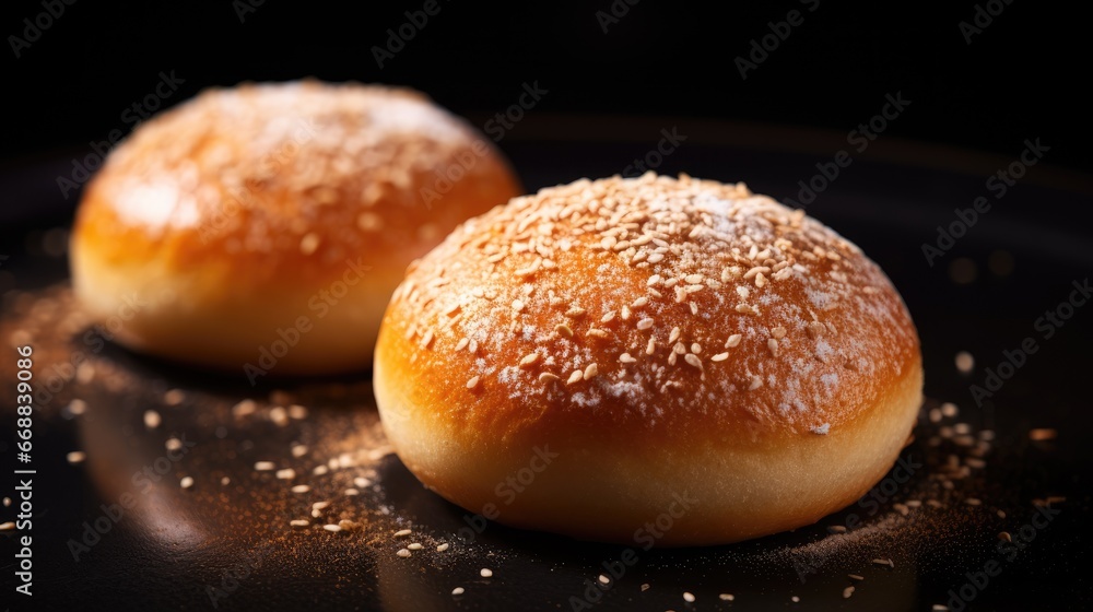 Poster  a close up of two doughnuts with sesame seeds on a black plate on a black surface with a black background with a little bit of gold sprinkles.  generative ai