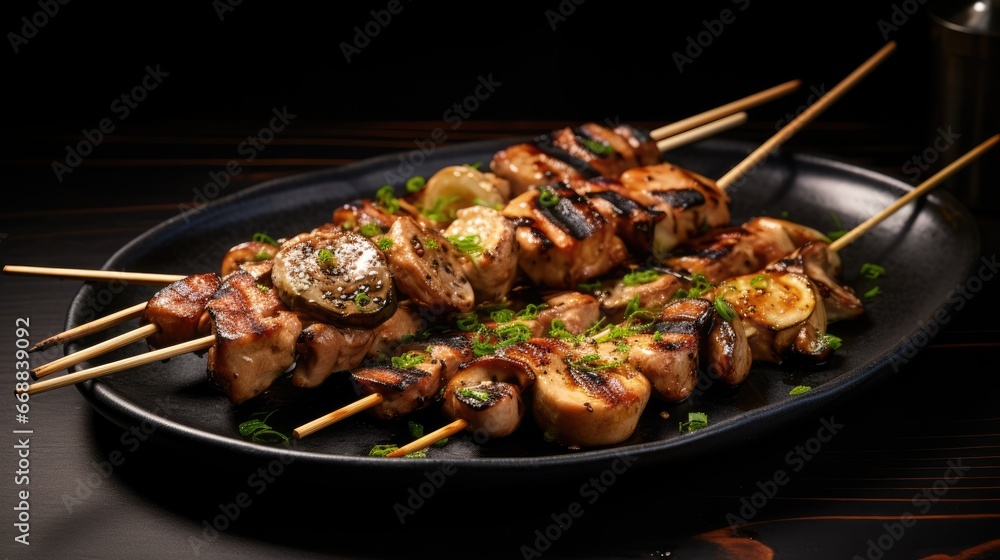 Poster a close up of a plate of food with meat and veggies on skewered skewered skewered skewered skewered 