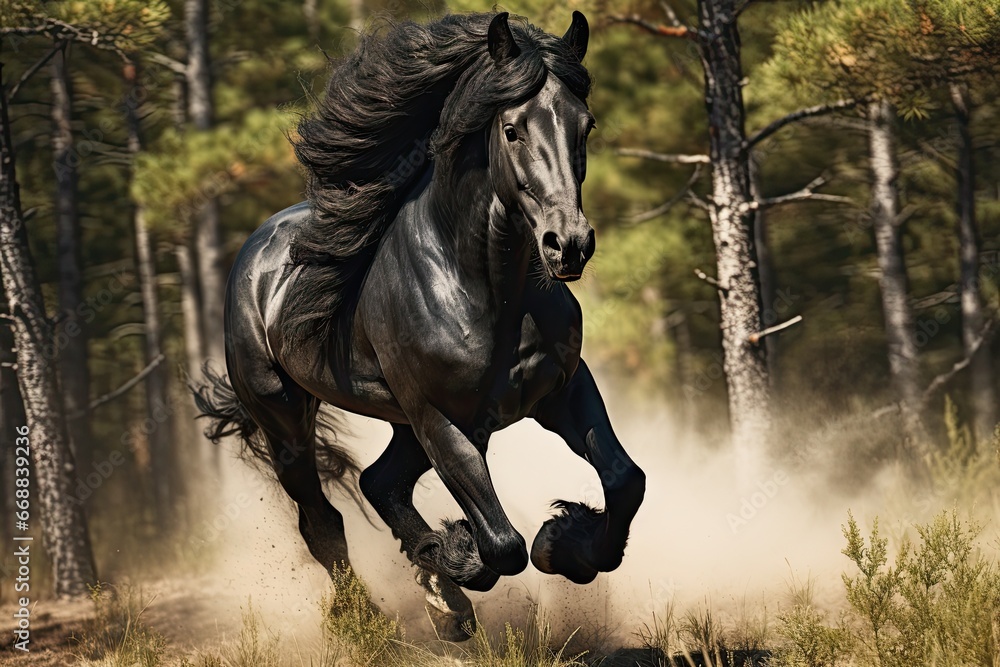 Poster a black horse is galloping through a field of tall grass in front of a wooded area with trees and gr