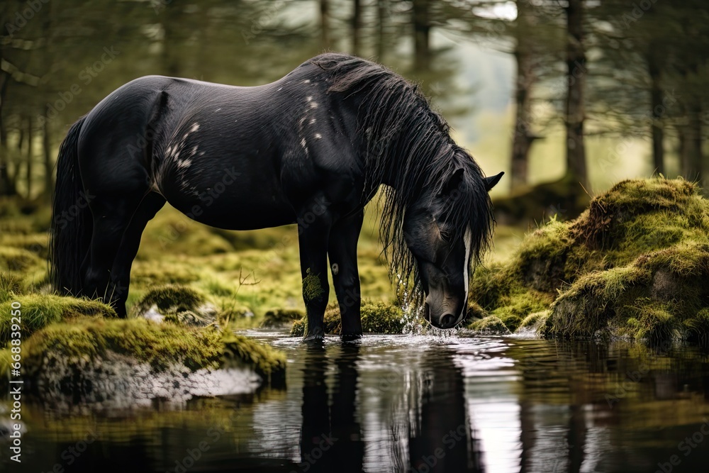 Poster a black horse drinking water from a stream in the middle of a forest with moss growing on the ground