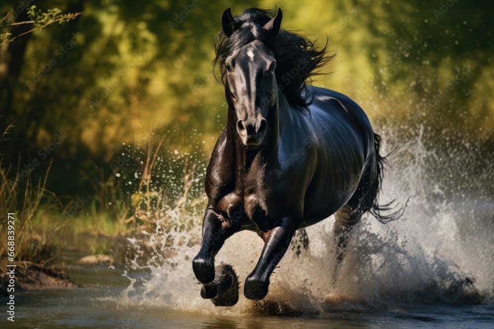 Poster a black and white horse running through a body of water with trees in the backgrounge of the image i