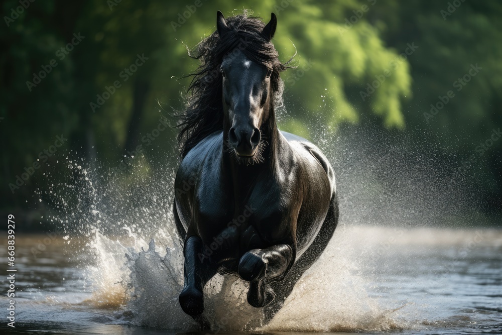Poster a horse running through a body of water with trees in the backgrouds of the water in the backgrouds 