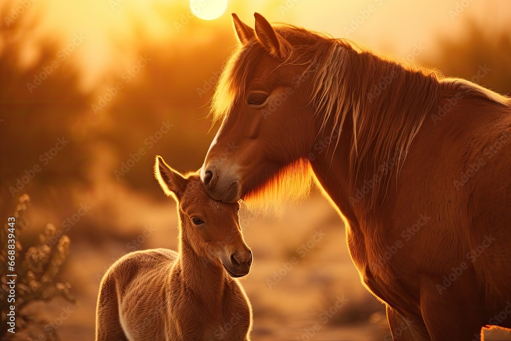 Poster a close up of a horse and a foal in a field with the sun in the background and a person taking a pic