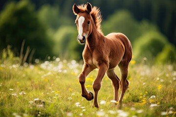  a foal running through a field of grass and wildflowers with a blurry background of the grass and wildflowers, and trees in the foreground.  generative ai - obrazy, fototapety, plakaty