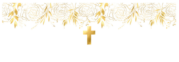 Golden cross and flowers, vector illustration, linear floral border and cross, communion invitation with golden details and a cross on top, Easter holiday, for baptism, first communion, bible phrase
