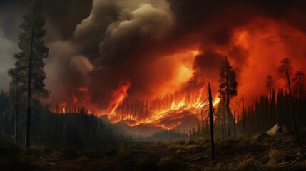 Fiery inferno engulfs vast forested area, with multiple fires burning tree to tree. Dark cloud billows upwards as smoke fills the sharp-focused panoramic view