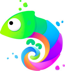 drawing of a bright little cartoon chameleon on a white background
