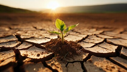 Small plant growing on cracked ground due to climate change, and global warming. Generative AI.