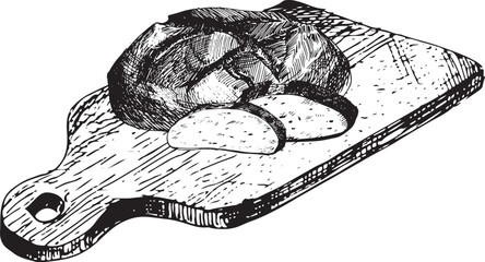Obraz premium Vector graphic illustration of bread with sliced pieces on wooden cutting board. Black and white sketch on a white background. Suitable for logo, bakery design, wrapping paper