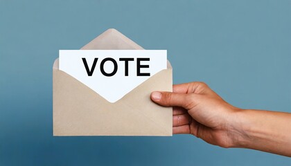Hand holding an envelope with a message that says VOTE. Generative AI