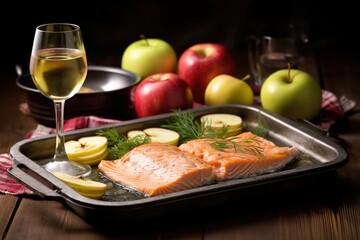 grilled salmon fillet, glass of apple cider, fresh apple in pan view