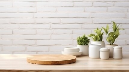 Wooden table in front of white brick wall. Mock up