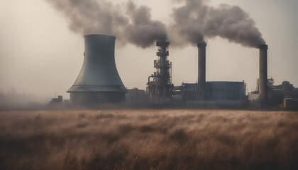 oil power plant with smoke and dirty air-pollution, landscape covered in thick smog
