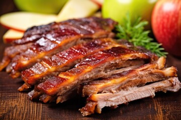 close-up of glazed ribs with apple smoke