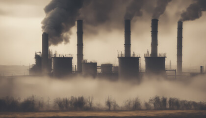 oil power plant with smoke and dirty air-pollution, landscape covered in thick smog - obrazy, fototapety, plakaty