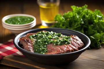freshly grilled asado steak beside a chimichurri sauce bowl