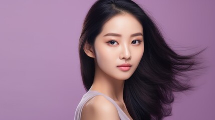 Radiant Young Asian Woman Portrait: Perfect Smooth Skin on Pastel Purple Background - Exquisite Beauty in Focus