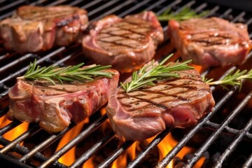lamb chops on the grill, garnished with fresh rosemary