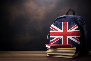 Books and student's backpack with printed flag of Great Britain (Union Jack). Advertising or banner for english language courses or studying in the UK. Copy space. - obrazy, fototapety, plakaty