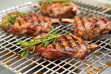 grilled lamb chops next to a wire brush on barbie