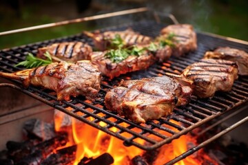 grilling lamb chops on an open-air, charcoal barbeque - obrazy, fototapety, plakaty