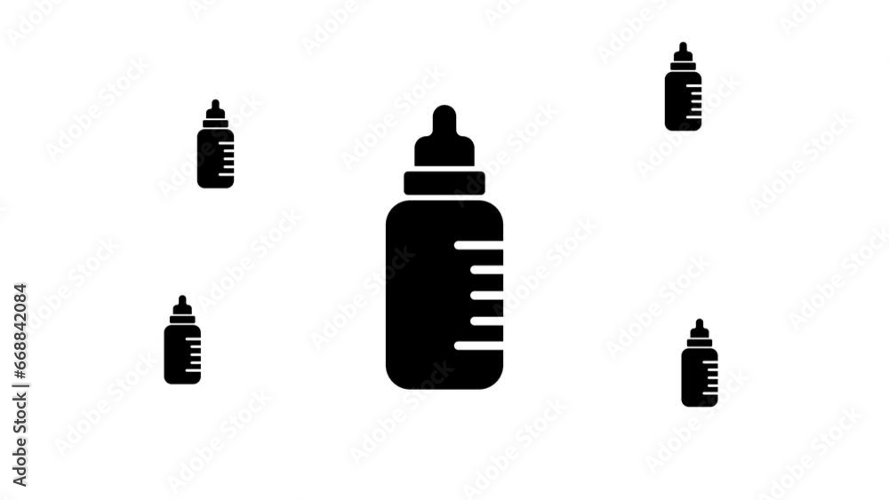 Poster zoom in and out animation the feeding bottle symbol. large black symbol in the center and four small