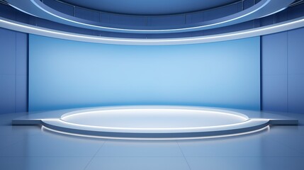 3d rendering of a blue empty room with a round podium in the middle