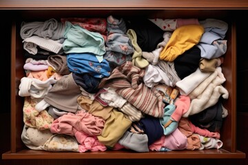 Fototapeta na wymiar high angle view of a dresser filled with baby clothes folded neatly