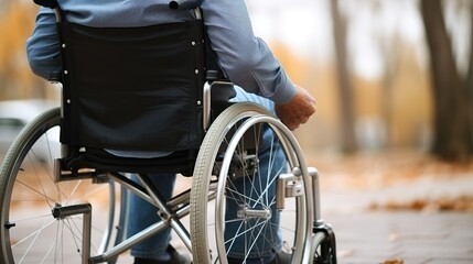 Obraz premium Close-up of senior man in wheelchair in park on blurred background