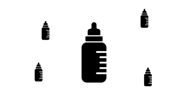 Zoom in and out animation the feeding bottle symbol. Large black symbol in the center and four small symbols around. Seamless looped 4k animation on white background