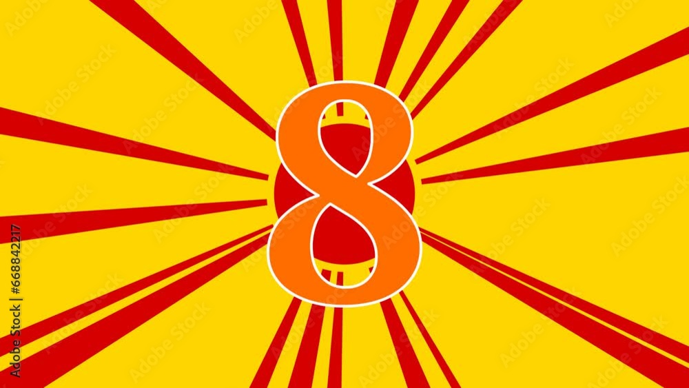 Poster number eight symbol on the background of animation from moving rays of the sun. large orange symbol 