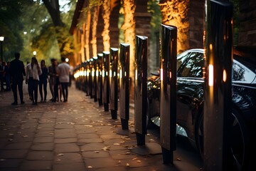 Fototapeta premium Electric Evening: Urbanites Gather Amidst the Glow of Car Chargers