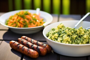 barbecue grilled sausages beside a bowl of potato salad