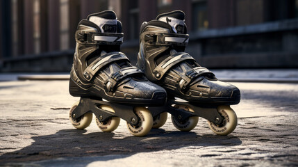 A pair of roller skates, resting on the pavement