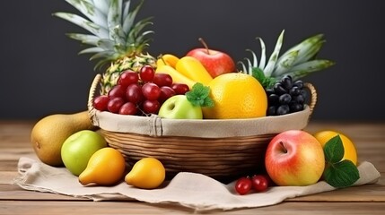 Naklejka na ściany i meble Basket full of fresh fruits on wooden table, on dark background