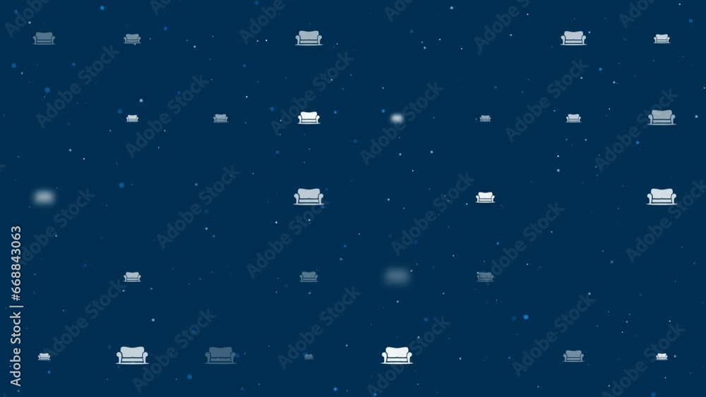 Poster template animation of evenly spaced sofa symbols of different sizes and opacity. animation of transp