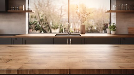 Empty wooden table in modern kitchen interior. Mock up, 3D Rendering - obrazy, fototapety, plakaty