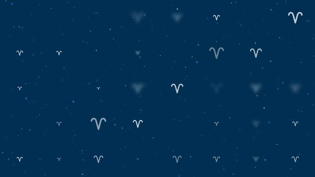Template animation of evenly spaced zodiac aries symbols of different sizes and opacity. Animation of transparency and size. Seamless looped 4k animation on dark blue background with stars